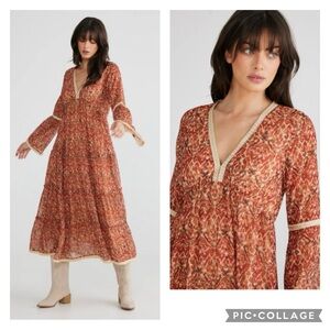 NEW Talisman Zelda Printed V-Neck Long‎ Bell Sleeve Tiered A-Line Dress Size XL